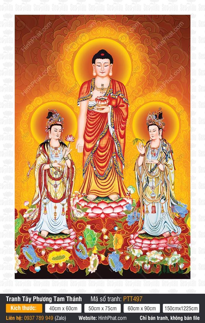 Hình Ảnh Phật Tây Phương Tam Thánh PTT497 Hình Ảnh Phật Tây Phương Tam Thánh PTT497 Ba Đức Ngài đứng trên đài sen giữa biển mây vàng cam rực rỡ