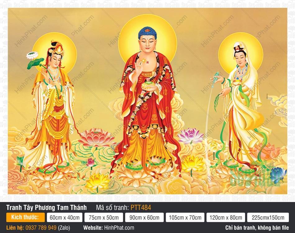 Hình Ảnh Tây Phương Tam Thánh PTT484 Hình Ảnh Tây Phương Tam Thánh PTT484, Ba Ngài đứng trên đài sen nền vàng rực rỡ
