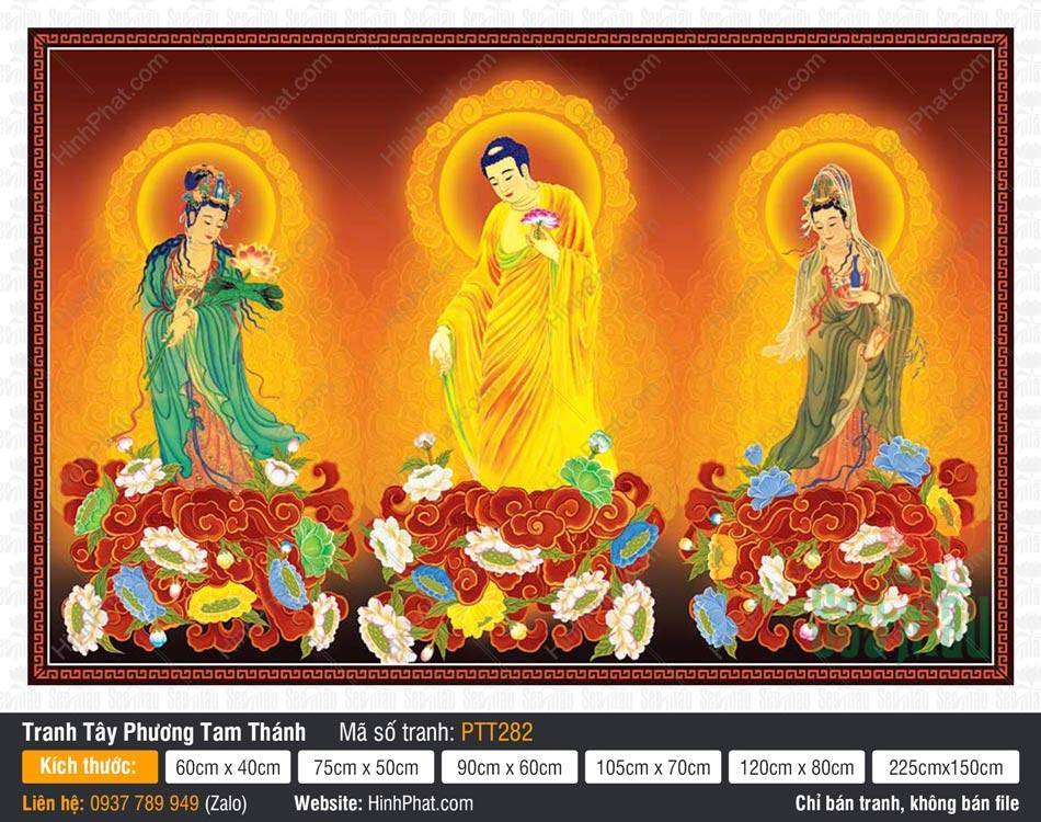 Hình Tây Phương Tam Thánh A Di Đà Phật PTT282 Hình Tây Phương Tam Thánh A Di Đà Phật PTT282 ngự trên mây đỏ và hoa sen rực rỡ