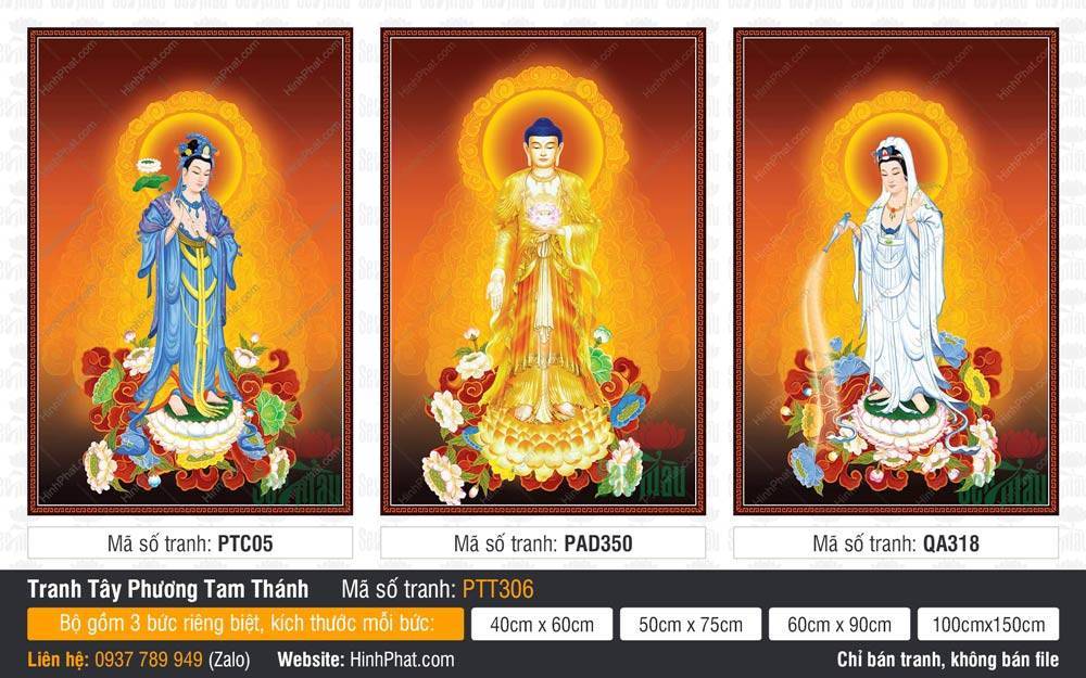 Hình Tây Phương Tam Thánh A Di Đà Phật PTT306 Hình Tây Phương Tam Thánh A Di Đà Phật PTT306 khắc họa ba vị tôn túc đứng trên đài sen tỏa hào quang