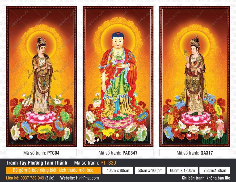 Hình Tây Phương Tam Thánh A Di Đà Phật PTT330 Hình Tây Phương Tam Thánh A Di Đà Phật PTT330 ba vị ngự trên đài sen mây ngũ sắc rực rỡ