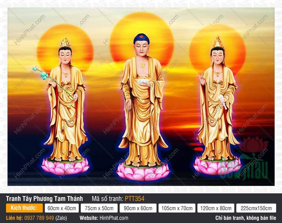 Hình Tây Phương Tam Thánh A Di Đà Phật PTT354 Hình Tây Phương Tam Thánh A Di Đà Phật PTT354 đứng trên đài sen hồng giữa biển hoàng hôn rực rỡ