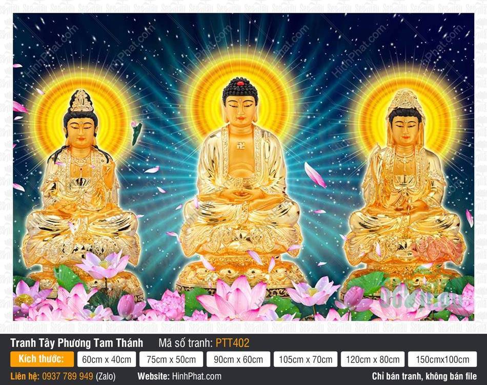 Hình Tây Phương Tam Thánh A Di Đà Phật PTT402 Hình Tây Phương Tam Thánh A Di Đà Phật PTT402 tôn tượng sắc vàng ngồi trên đài sen báu rực rỡ