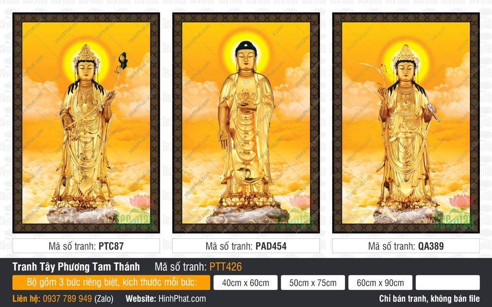 Hình Tây Phương Tam Thánh A Di Đà Phật PTT426 Hình Tây Phương Tam Thánh A Di Đà Phật PTT426 với tôn tượng vàng đứng giữa biển mây vàng