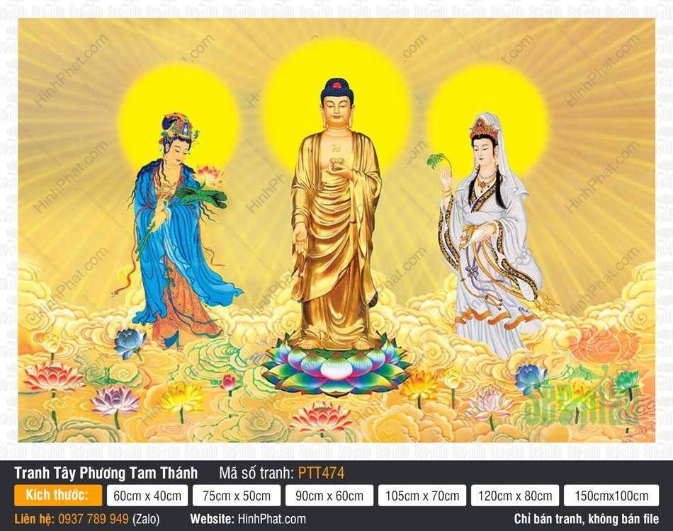 Hình Tây Phương Tam Thánh A Di Đà Phật PTT474 Hình Tây Phương Tam Thánh A Di Đà Phật PTT474 mô tả ba vị thánh chúng ngự trên đài sen