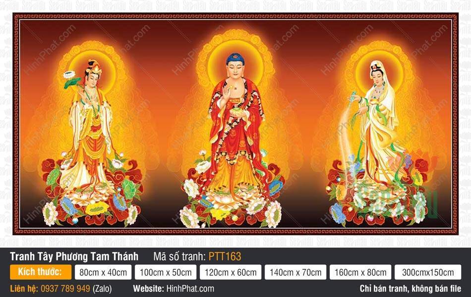 Hình Tây Phương Tam Thánh Chất Lượng Cao PTT163 Hình Tây Phương Tam Thánh Chất Lượng Cao PTT163 ba vị đứng trên tòa sen giữa nền cam
