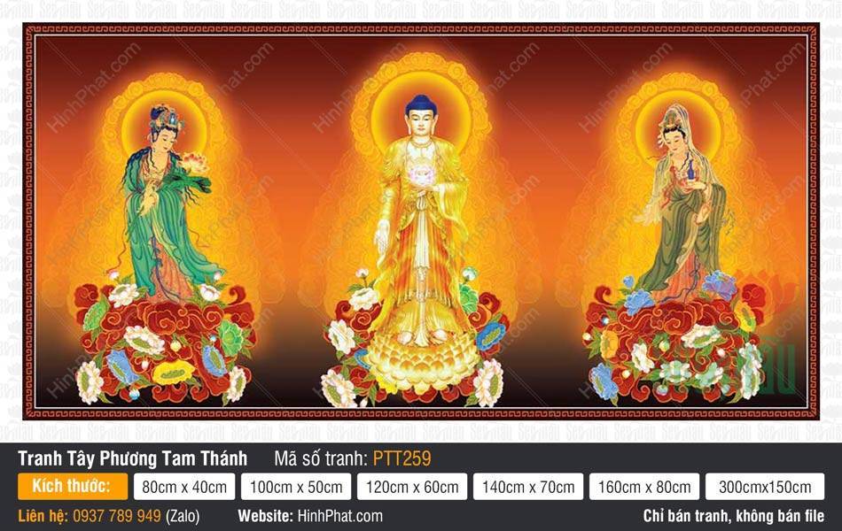 Hình Tây Phương Tam Thánh Chất Lượng Cao PTT259 Hình Tây Phương Tam Thánh Chất Lượng Cao PTT259 khắc họa ba vị tôn giả ngự đài sen rực rỡ.