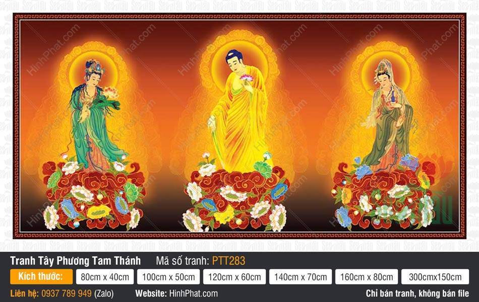 Hình Tây Phương Tam Thánh Chất Lượng Cao PTT283 Hình Tây Phương Tam Thánh Chất Lượng Cao PTT283 mô tả Đức Phật đứng trên đài sen đỏ rực rỡ