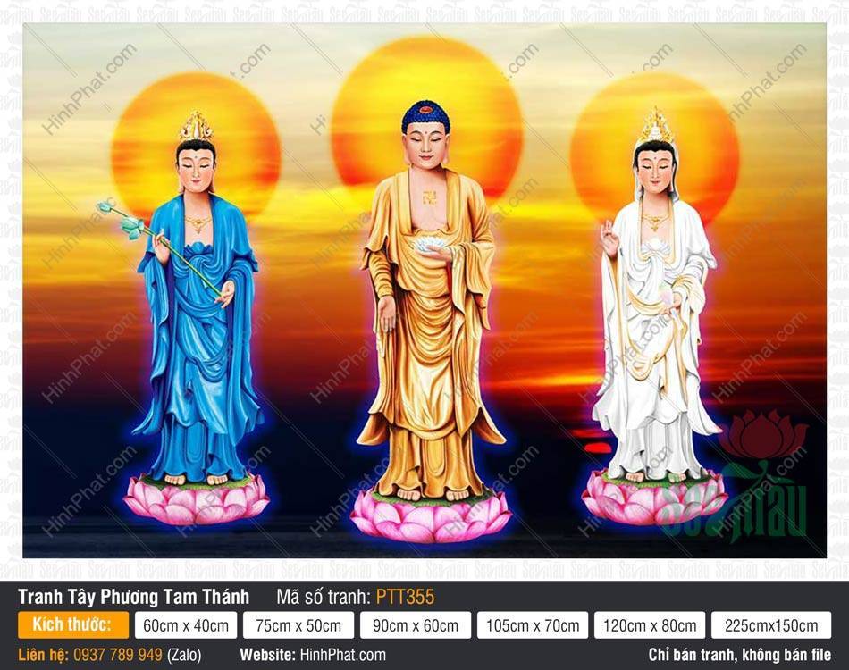 Hình Tây Phương Tam Thánh Chất Lượng Cao PTT355 Hình Tây Phương Tam Thánh Chất Lượng Cao PTT355 ba vị đứng đài sen giữa trời hoàng hôn rực rỡ