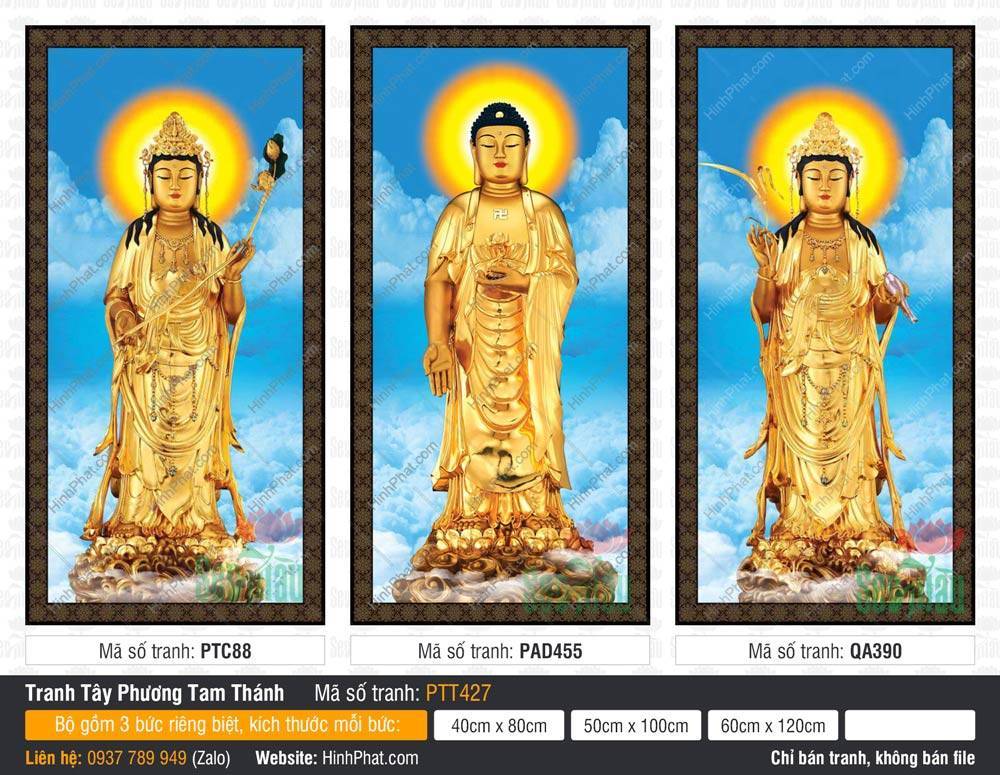 Hình Tây Phương Tam Thánh Chất Lượng Cao PTT427 Hình Tây Phương Tam Thánh Chất Lượng Cao PTT427 tôn tượng vàng kim đứng trên mây xanh