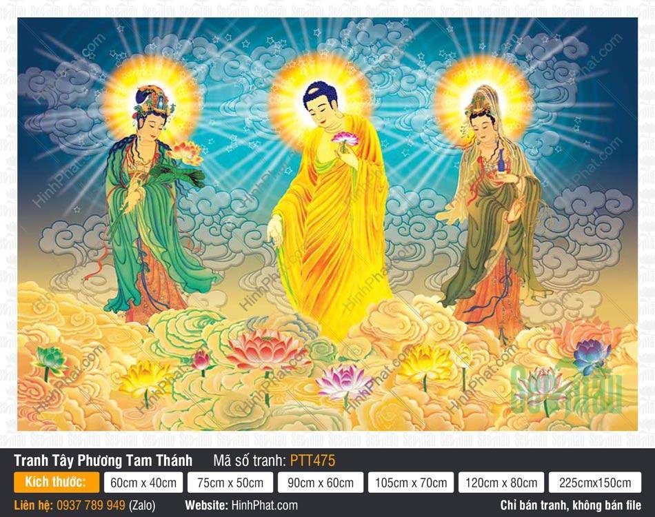 Hình Tây Phương Tam Thánh Chất Lượng Cao PTT475 Hình Tây Phương Tam Thánh Chất Lượng Cao PTT475 đứng trên mây xanh với hào quang rực sáng tỏa tia