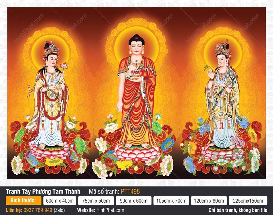 Hình Tây Phương Tam Thánh Đẹp Nhất PTT498 Hình Tây Phương Tam Thánh PTT498 mô tả ba tôn tượng đứng trên đài sen giữa nền mây vàng cam rực rỡ