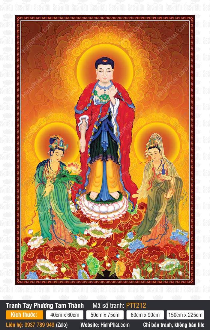 Hình Tây Phương Tam Thánh Đẹp PTT212 Hình Tây Phương Tam Thánh Đẹp PTT212 khắc họa ba vị Phật Bồ Tát đứng trên tòa sen rực rỡ