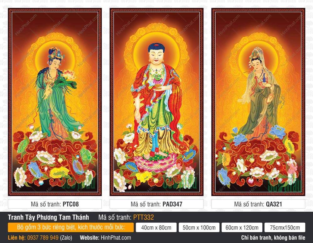 Hình Tây Phương Tam Thánh Đẹp PTT332 Hình Tây Phương Tam Thánh Đẹp PTT332 ba vị đứng trên đài sen tỏa hào quang rực rỡ