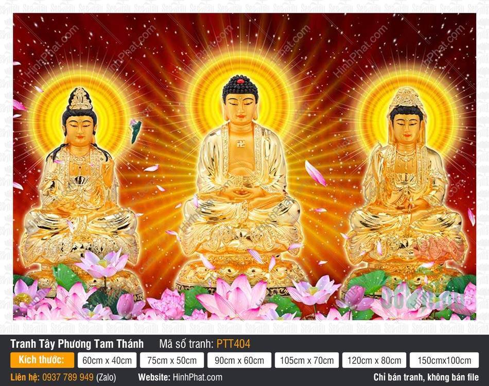 Hình Tây Phương Tam Thánh Đẹp PTT404 Hình Tây Phương Tam Thánh Đẹp PTT404 ba vị Phật tọa đài sen vàng trên nền đỏ