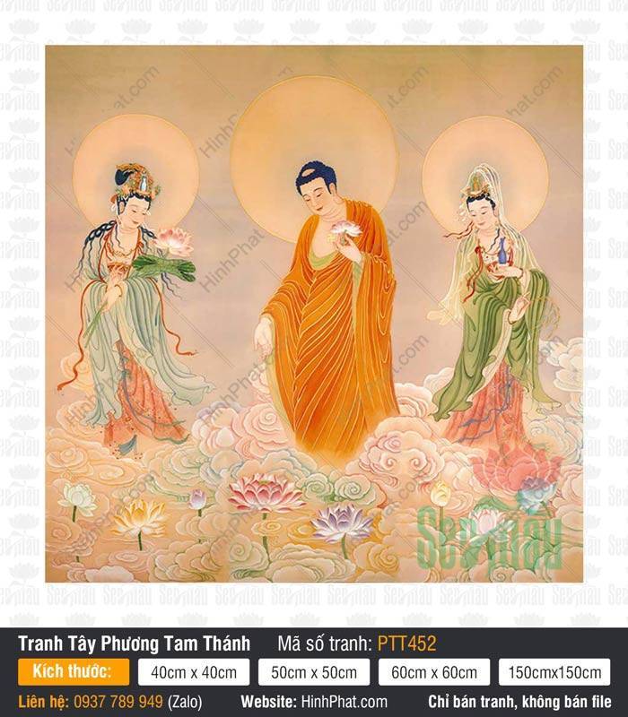 Hình Tây Phương Tam Thánh Đẹp PTT452 Hình Tây Phương Tam Thánh Đẹp PTT452 khắc họa ba vị đứng trên áng mây hồng và hoa sen
