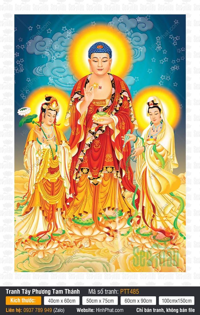 Hình Tây Phương Tam Thánh Đẹp PTT485 Hình Tây Phương Tam Thánh Đẹp PTT485 ba Đức Ngài đứng trên đài sen giữa biển mây vàng rực rỡ