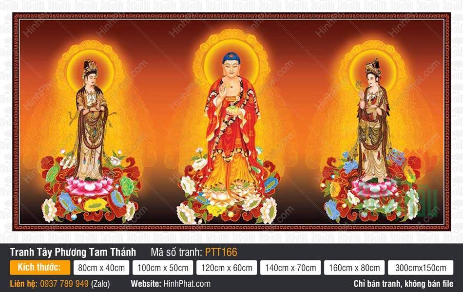 Hình Tây Phương Tam Thánh Khổ Lớn PTT166 Hình Tây Phương Tam Thánh Khổ Lớn PTT166 mô tả ba vị Phật đứng trên đài sen giữa hào quang