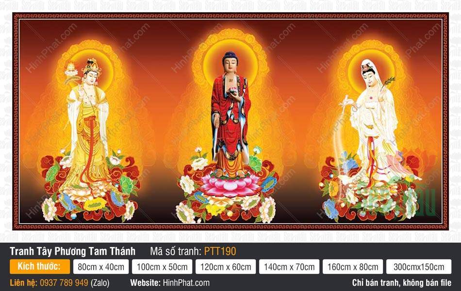 Hình Tây Phương Tam Thánh Khổ Lớn PTT190 Hình Tây Phương Tam Thánh Khổ Lớn PTT190 với y phục vàng trắng đứng trên tòa sen rực rỡ.
