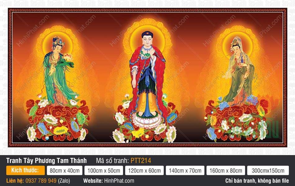 Hình Tây Phương Tam Thánh Khổ Lớn PTT214 Hình Tây Phương Tam Thánh Khổ Lớn PTT214 mô tả ba vị tôn túc đứng trên đài sen rực rỡ