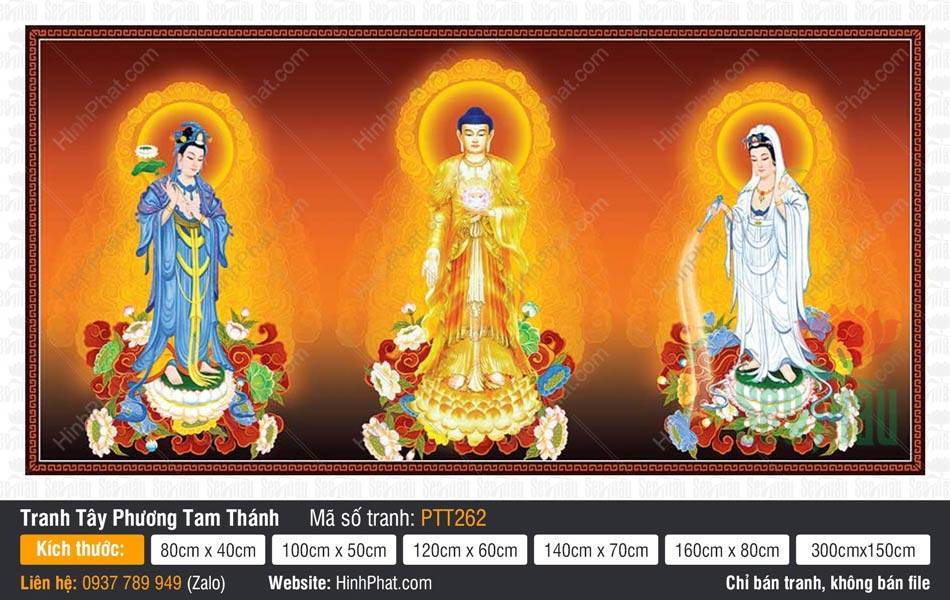 Hình Tây Phương Tam Thánh Khổ Lớn PTT262 Hình Tây Phương Tam Thánh Khổ Lớn PTT262 họa cảnh ba vị đứng trên đài sen