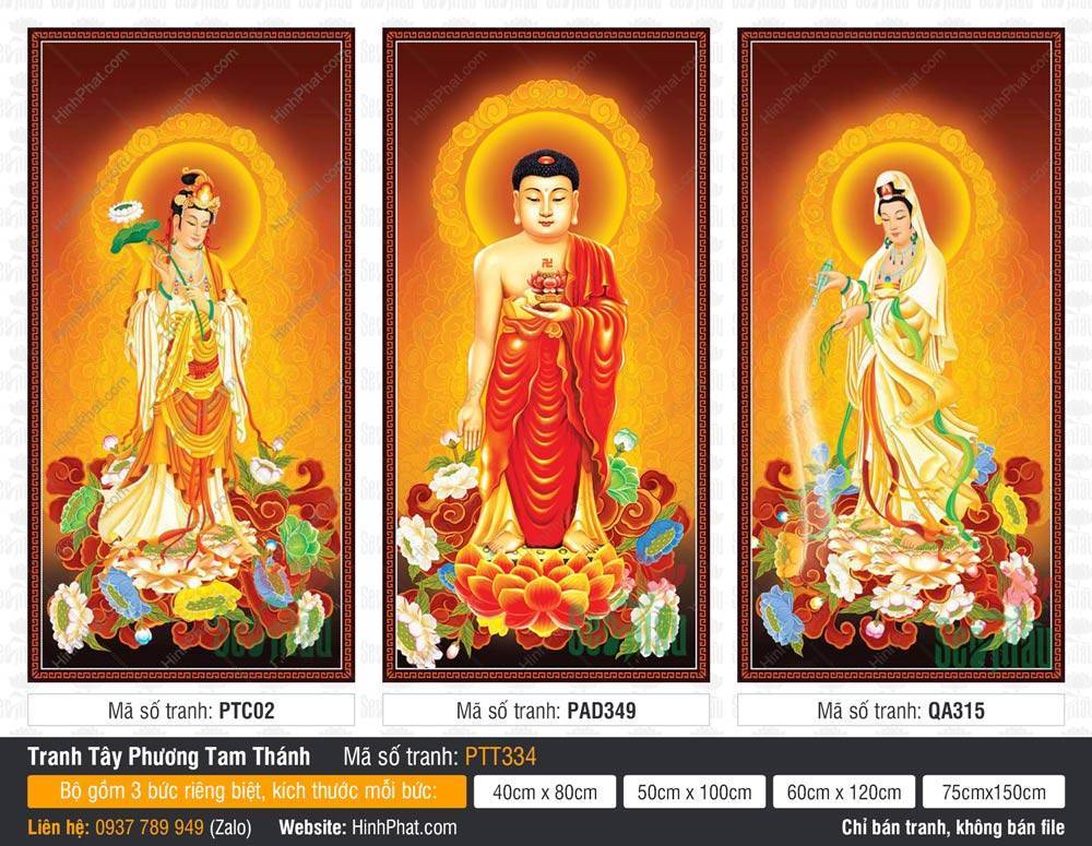 Hình Tây Phương Tam Thánh Khổ Lớn PTT334 Hình Tây Phương Tam Thánh Khổ Lớn PTT334 ba vị Phật đứng trên đài sen vàng linh thiêng