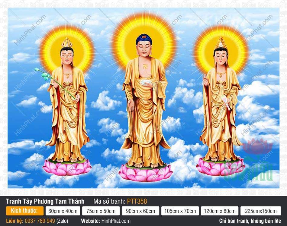Hình Tây Phương Tam Thánh Khổ Lớn PTT358 Hình Tây Phương Tam Thánh Khổ Lớn PTT358 ba vị đứng đài sen giữa trời mây xanh bồng bềnh