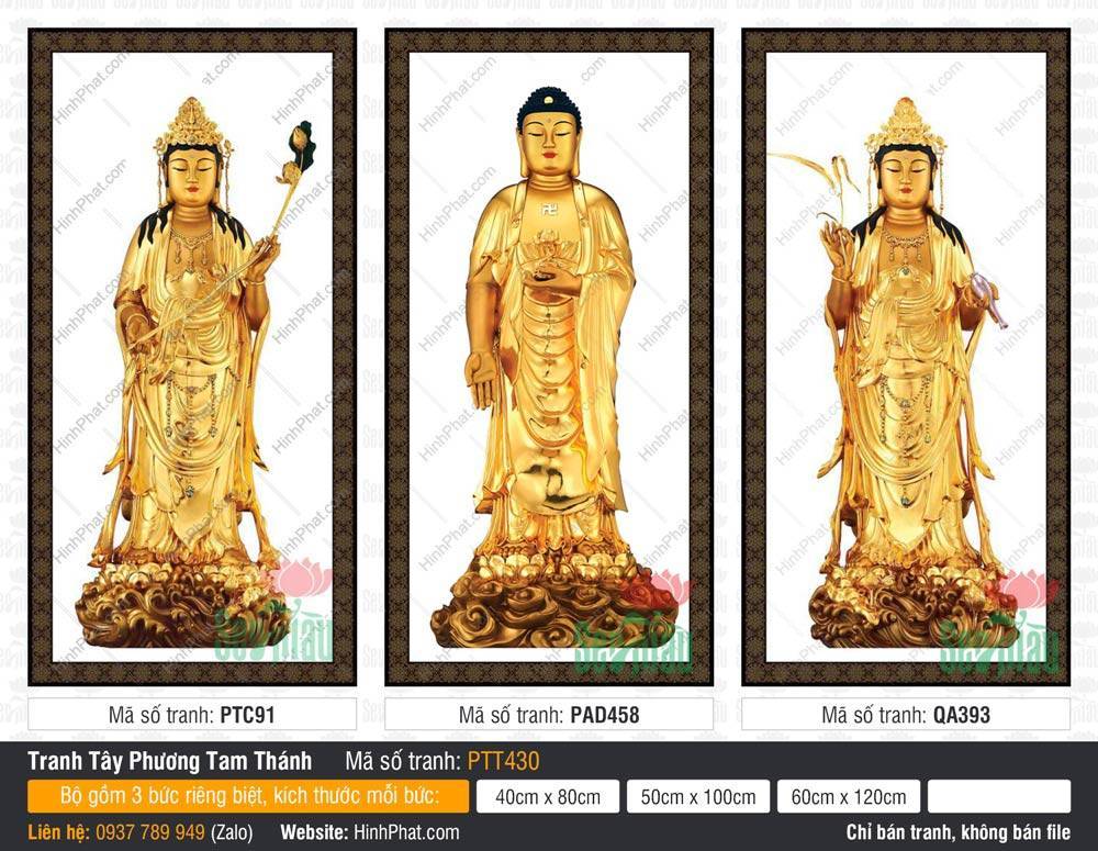 Hình Tây Phương Tam Thánh Khổ Lớn PTT430 Hình Tây Phương Tam Thánh Khổ Lớn PTT430 sắc vàng kim đứng trên tòa sen vàng nền mây trắng