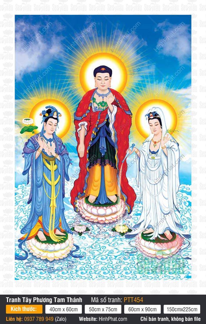 Hình Tây Phương Tam Thánh Khổ Lớn PTT454 Hình Tây Phương Tam Thánh Khổ Lớn PTT454 với Đức Phật A Di Đà đứng trên tòa sen hồng