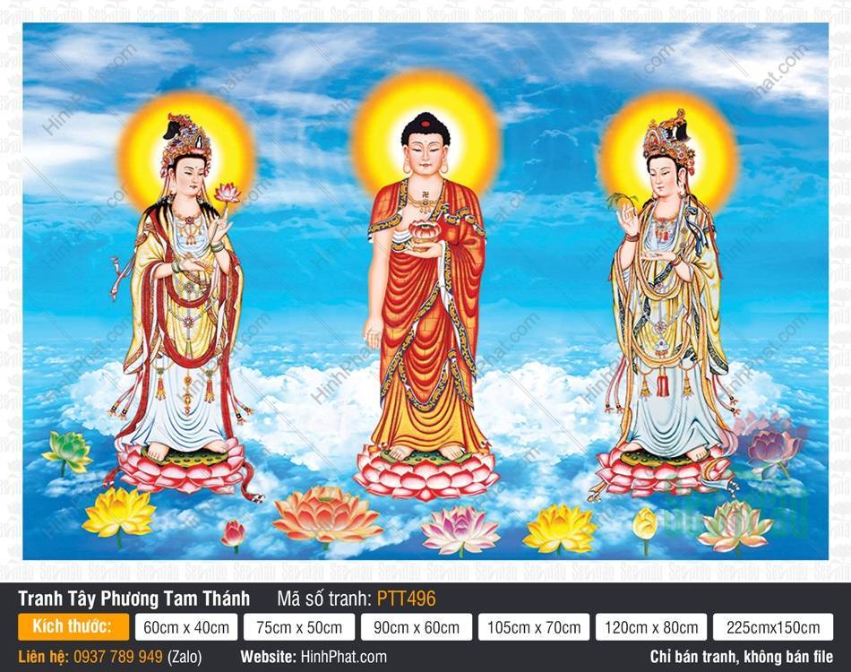 Hình Tây Phương Tam Thánh Khổ Lớn PTT496 Hình Tây Phương Tam Thánh Khổ Lớn PTT496 Ba Ngài đứng trên đài sen hồng rực rỡ