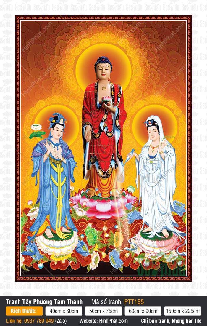Hình Tây Phương Tam Thánh PTT185 Hình Tây Phương Tam Thánh PTT185, ba vị Phật đứng uy nghiêm trên đài sen với hào quang rực rỡ