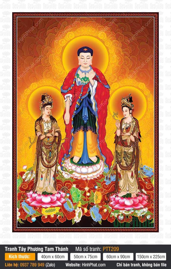 Hình Tây Phương Tam Thánh PTT209 Hình Tây Phương Tam Thánh PTT209 Đức Phật y đỏ đứng trên đài sen hồng trang nghiêm
