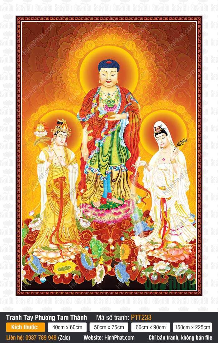 Hình Tây Phương Tam Thánh PTT233 Hình Tây Phương Tam Thánh PTT233 với Đức Phật mặc y đỏ đứng trên đài sen rực rỡ