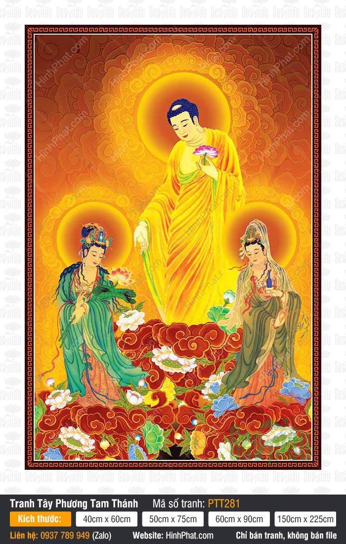 Hình Tây Phương Tam Thánh PTT281 Hình Tây Phương Tam Thánh PTT281 ba Đức Phật đứng uy nghiêm trên đài sen vàng rực rỡ