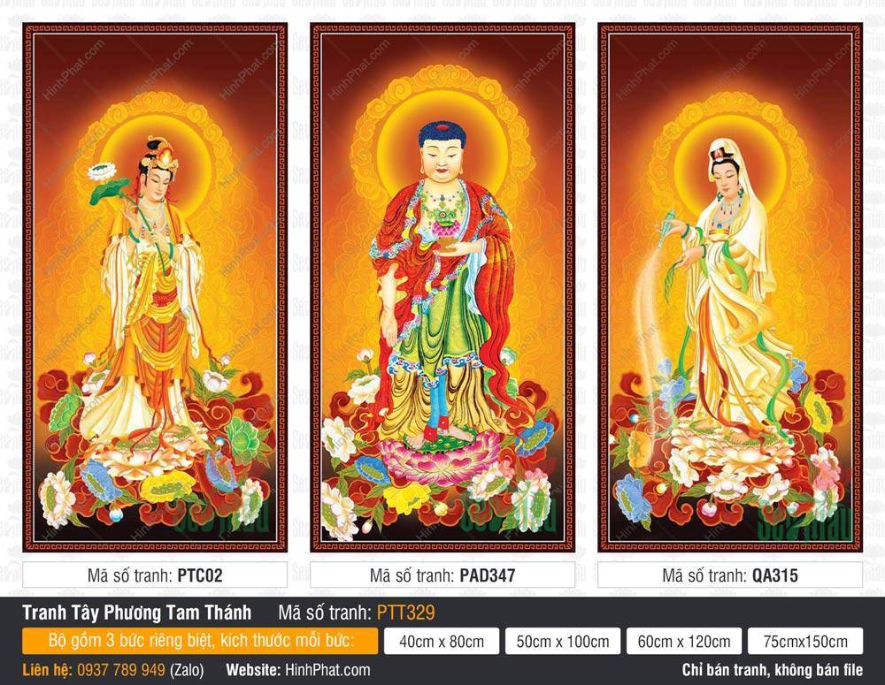 Hình Tây Phương Tam Thánh PTT329 Hình Tây Phương Tam Thánh PTT329 ba vị đứng trên đài sen y phục rực rỡ hào quang sáng