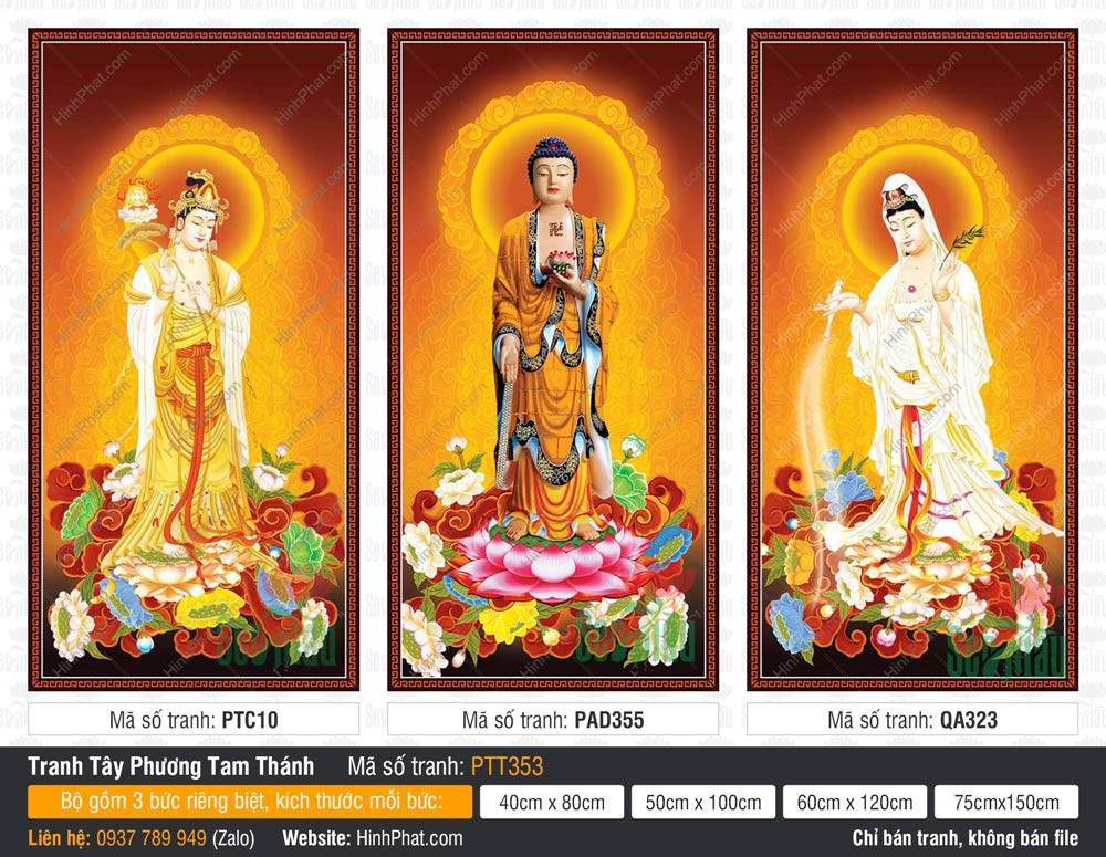 Hình Tây Phương Tam Thánh PTT353 Hình Tây Phương Tam Thánh PTT353 với Đức Phật y vàng đứng trên đài sen hồng rực rỡ