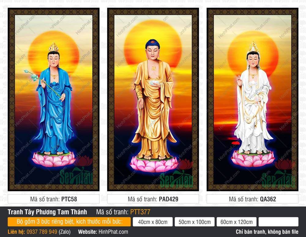 Hình Tây Phương Tam Thánh PTT377 Hình Tây Phương Tam Thánh PTT377 khắc họa ba vị Phật đứng trên đài sen hồng