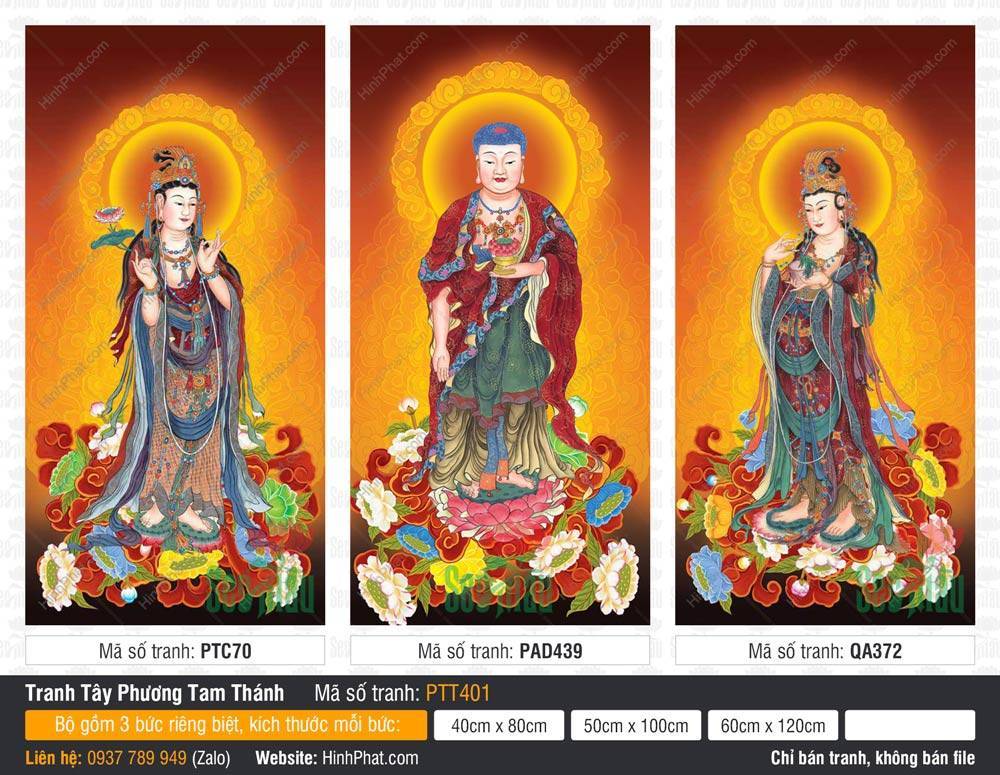 Hình Tây Phương Tam Thánh PTT401 Hình Tây Phương Tam Thánh PTT401 ba đức Phật đứng trên tòa sen đỏ rực rỡ