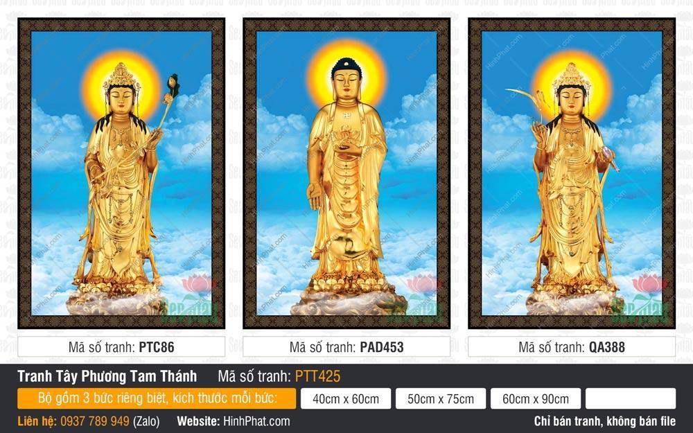 Hình Tây Phương Tam Thánh PTT425 Hình Tây Phương Tam Thánh PTT425 tượng đồng dát vàng đứng giữa mây trời xanh mây trắng rực rỡ