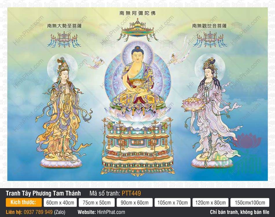 Hình Tây Phương Tam Thánh PTT449 Hình Tây Phương Tam Thánh PTT449 phác họa Phật A Di Đà ngồi tòa báu và hai vị Bồ Tát