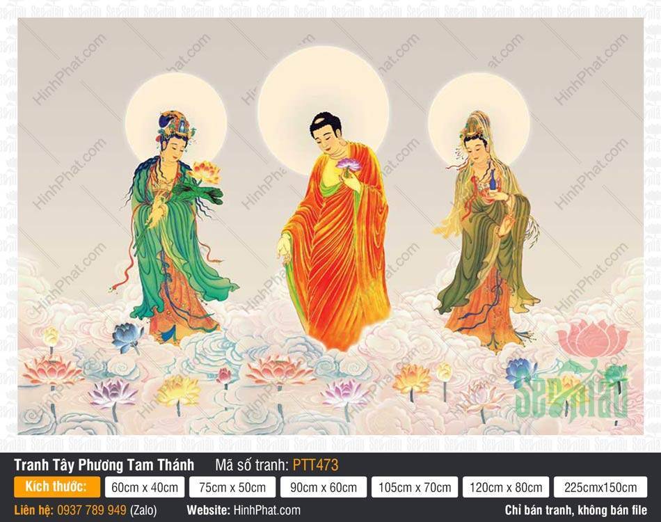 Hình Tây Phương Tam Thánh PTT473 Hình Tây Phương Tam Thánh PTT473 ba Ngài đứng trên mây trắng và hoa sen rực rỡ