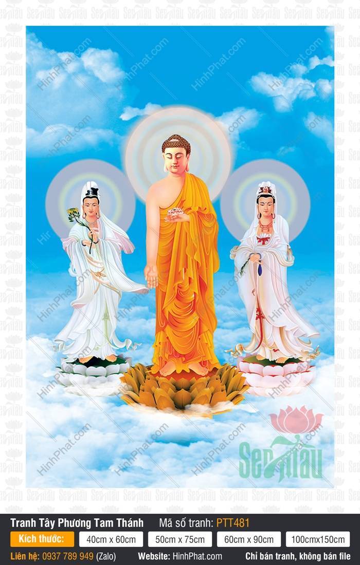 Hình Tây Phương Tam Thánh PTT481 Hình Tây Phương Tam Thánh PTT481, Tranh Tam Thánh, Ba vị Phật đứng trên mây ngự đài sen