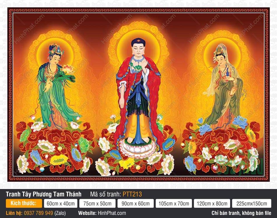 Hình Tây Phương Tam Thánh đẹp nhất PTT213 Hình Tây Phương Tam Thánh đẹp nhất PTT213 tả Đức Phật y đỏ đứng trên tòa sen