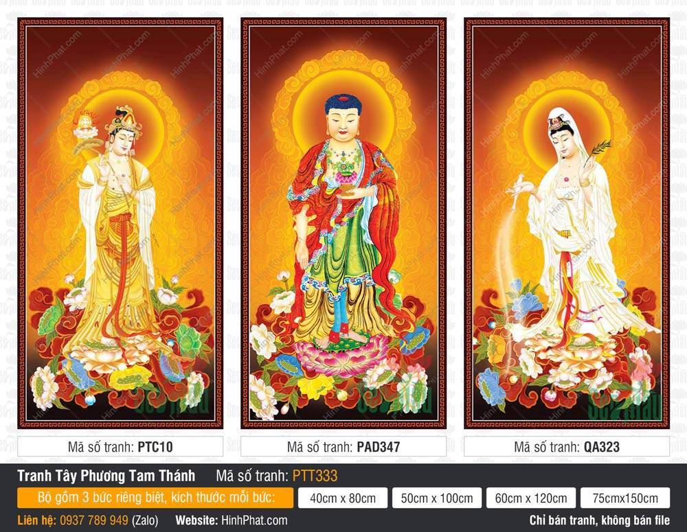 Hình Tây Phương Tam Thánh đẹp nhất PTT333 Hình Tây Phương Tam Thánh đẹp nhất PTT333 mô tả ba vị Phật Bồ Tát ngự đài sen mây ngũ sắc
