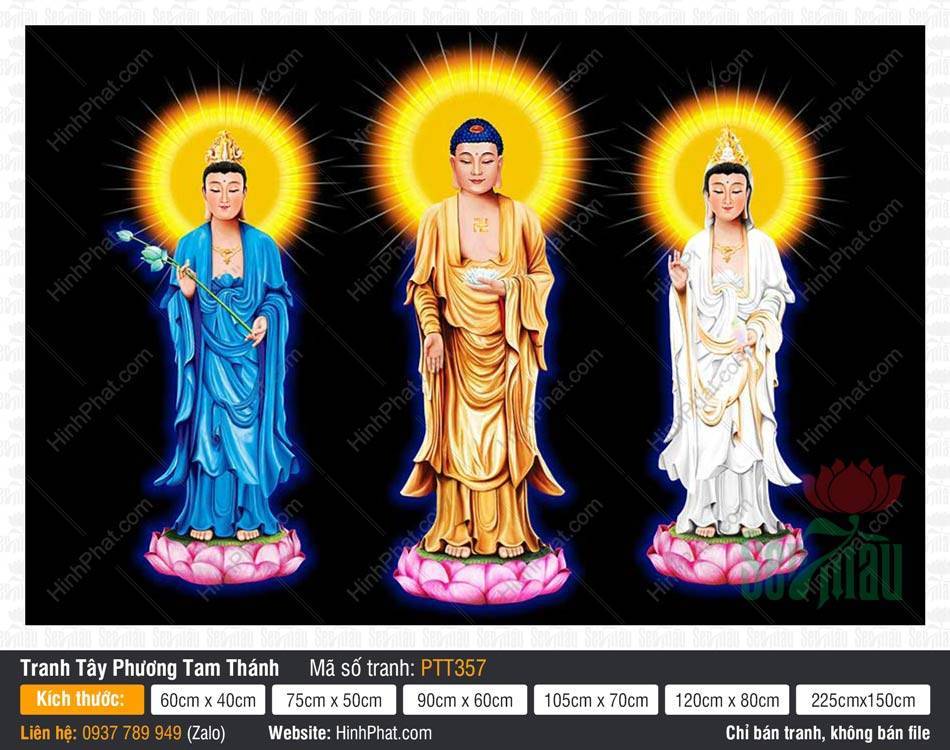 Hình Tây Phương Tam Thánh đẹp nhất PTT357 Hình Tây Phương Tam Thánh đẹp nhất PTT357 ba vị đứng đài sen y phục rực rỡ trên nền đen
