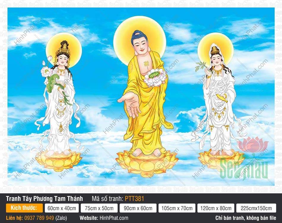 Hình Tây Phương Tam Thánh đẹp nhất PTT381 Hình Tây Phương Tam Thánh đẹp nhất PTT381 khắc họa Ba Ngài đứng trên đài sen rực rỡ