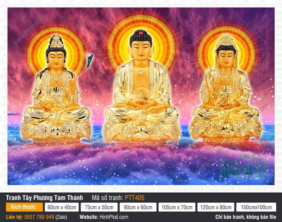 Hình Tây Phương Tam Thánh đẹp nhất PTT405 Hình Tây Phương Tam Thánh đẹp nhất PTT405 tôn tượng vàng tọa trên đài sen giữa biển xanh