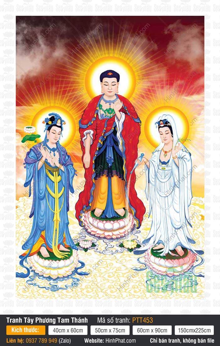 Hình Tây Phương Tam Thánh đẹp nhất PTT453 Hình Tây Phương Tam Thánh đẹp nhất PTT453 với Đức Phật A Di Đà và hai Bồ Tát đứng trên đài sen