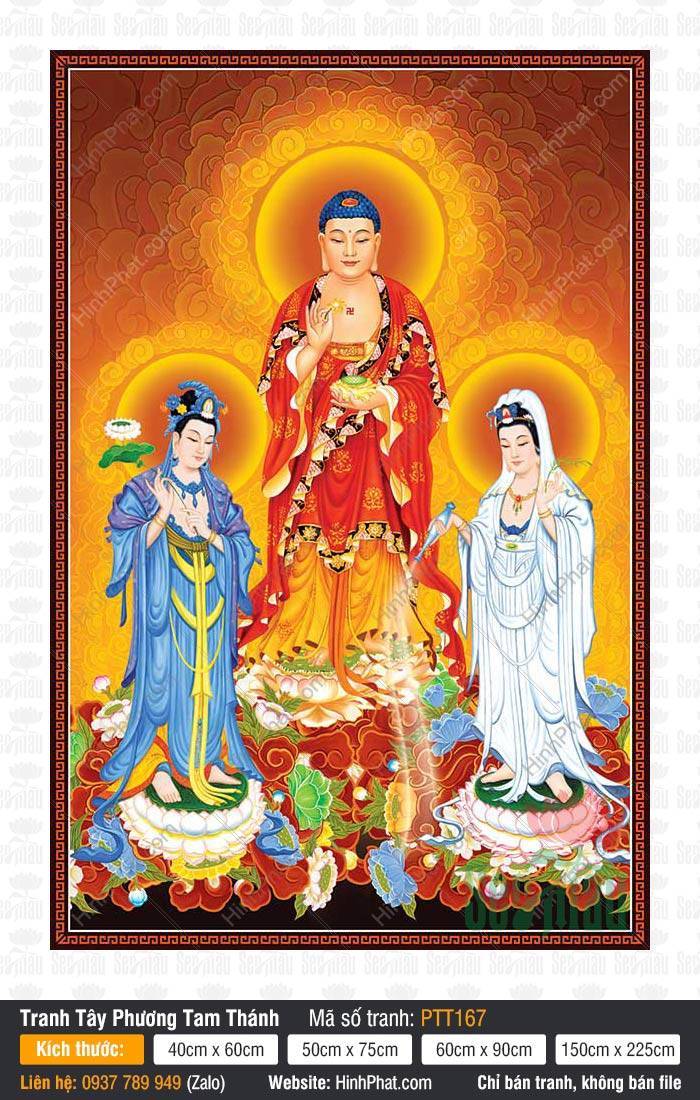 Hình Tây Phương Tam Thánh kích thước lớn PTT167 Hình Tây Phương Tam Thánh kích thước lớn PTT167 ba vị Phật Bồ Tát đứng uy nghiêm trên đài sen hồng