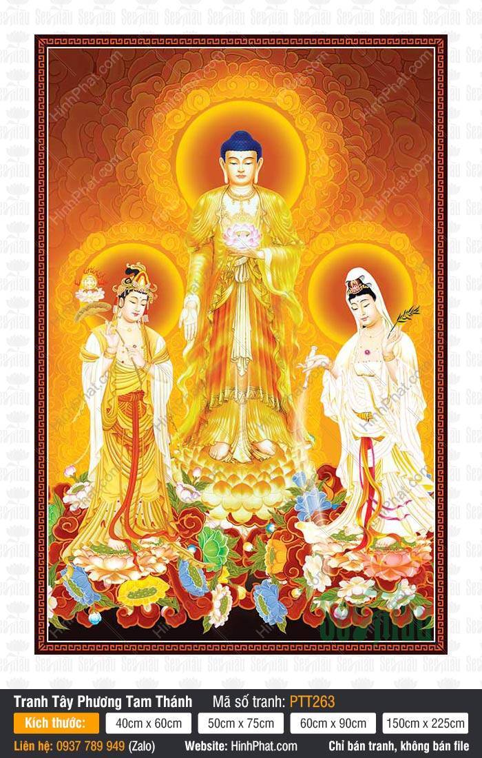 Hình Tây Phương Tam Thánh kích thước lớn PTT263 Hình Tây Phương Tam Thánh kích thước lớn PTT263 tả Ba Ngài đứng trên tòa sen giữa hào quang vàng